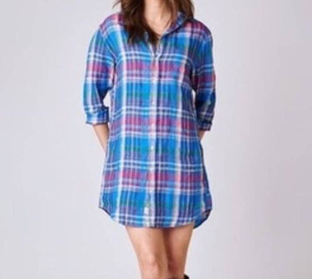 Frank & Eileen Mary 100% Linen Plaid Shirt Dress Blue Pink Size XL